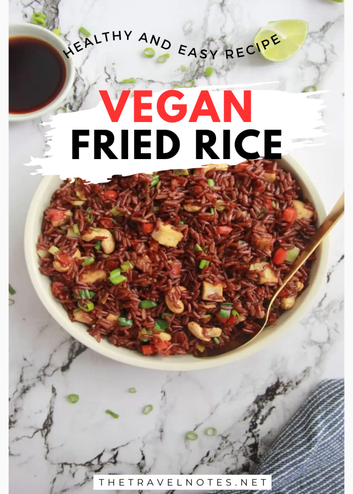 Vegan recipe of fried brown rice with tofu cashew nuts soy sauce