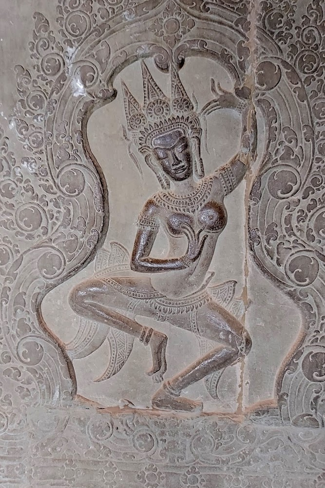 Close-up of Angkor Wat’s bas-relief carvings depicting Hindu mythology and Khmer history Cambodia