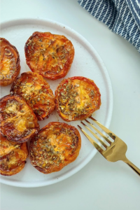 Easy oven-dried tomatoes recipe – served with oregano and olive oil