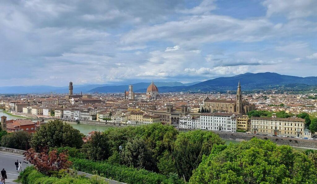 Panoramic view of Florence’s skyline, Duomo and Arno River as seen from Piazzale Michelangelo.